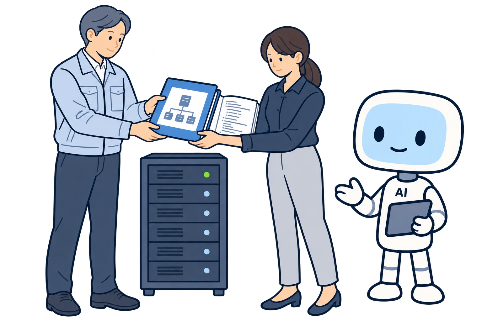 AIと既存システムを確認しながら前任者から新しいAXエンジニアへ構成資料を引き継ぐ場面