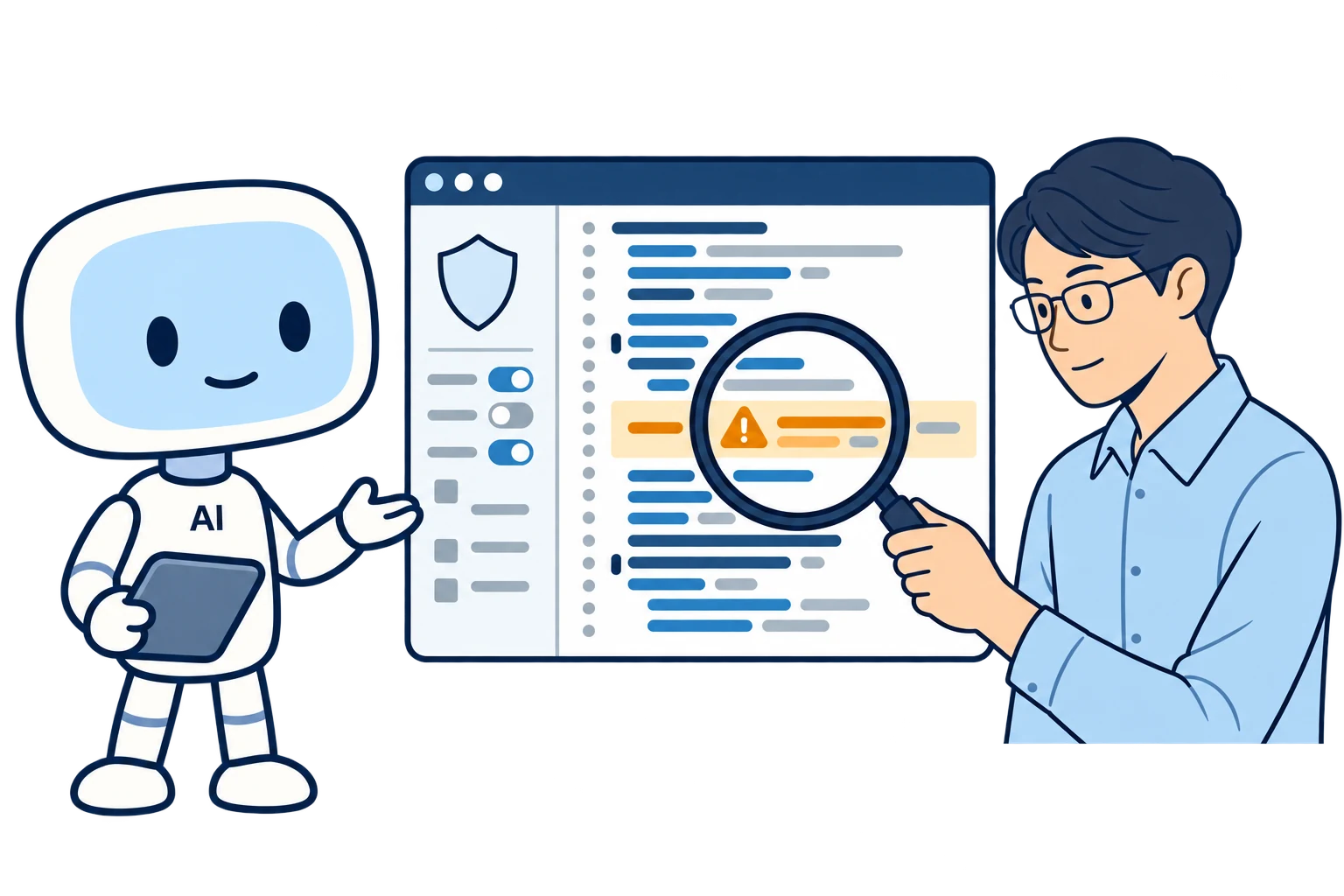 AIキャラクターがコードと設定の警告箇所を検出しAXエンジニアが問題の内容を確認する場面