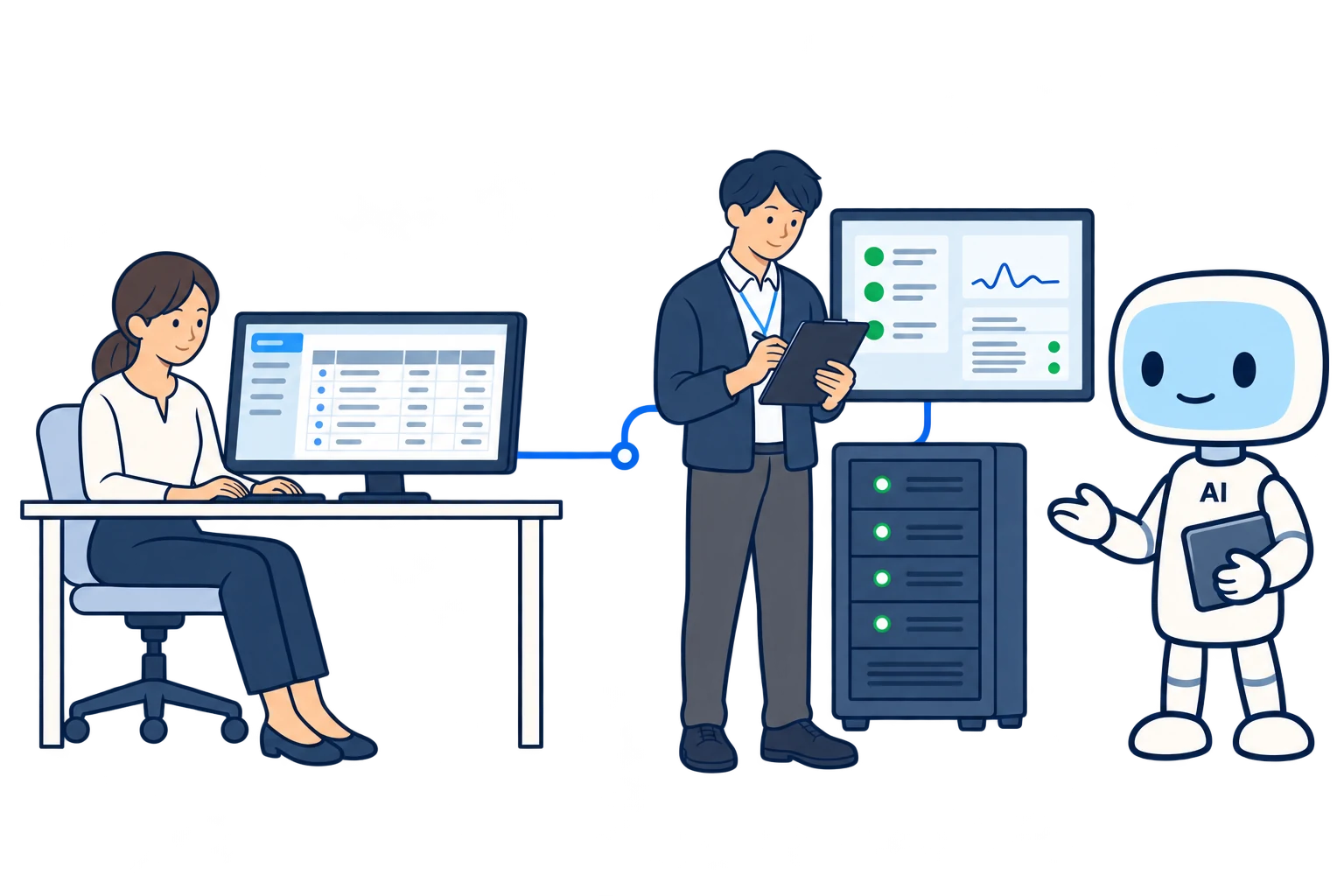 業務を続けるお客様と保守を判断するAXエンジニアと作業を進めるAIキャラクター